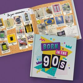 Born In The 90s Gift Book with open spread showing 90s memorabilia.