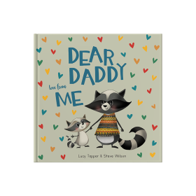 Book cover of cute illustrated daddy and baby raccoon holding hands.