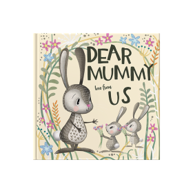 Book cover of cute illustrated baby bunnies giving mummy bunny a bunch of flowers. Colourful floral surroundings.